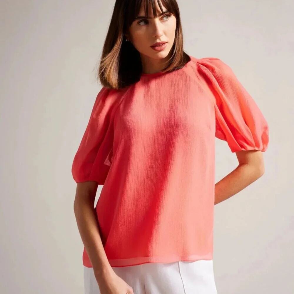 Ted Baker London Natalie Puff Sleeve chiffon coral pink tie back Size 3 Medium